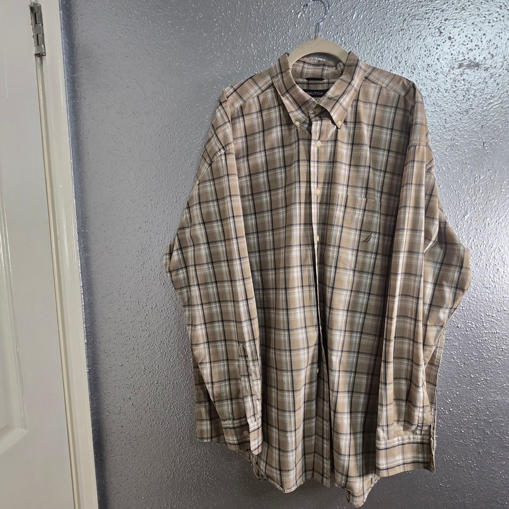 Nautica Mens XXL Heather Poplin Plaid Button Down Shirt Tan Navy Long Sleeve